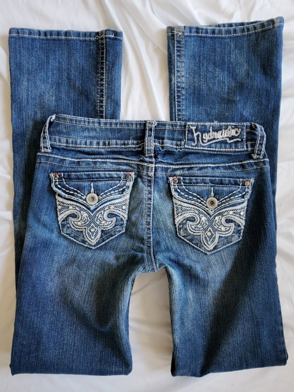Hydraulic Jeans Bootcut Heavy Stitch Low Rise Y2K McBling Blue Denim Size 28 4